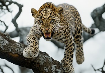 Fototapeta premium Powerful Leopard Stalking in Nature with Intense Expression and Focused Gaze on Tree Branch in Wildlife Environment