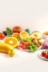 Fresh colorful assortment of fruits and vegetables including lettuce avocado tomatoes and oranges displayed on a white background