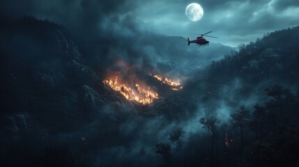 red helicopter flying over the fire, Large fire on mountain and forest