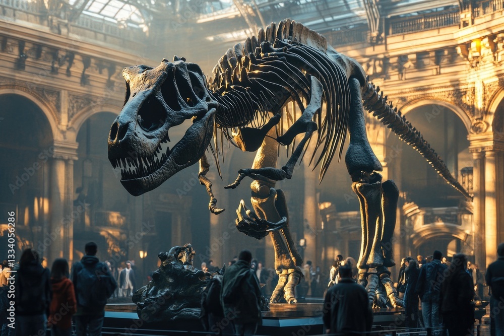Poster a fossilized dinosaur skeleton on display in a museum exhibit