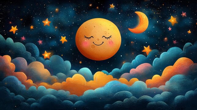 A dreamy celestial scene featuring a smiling moon and pastel stars in a soft colorful sky. Generative AI