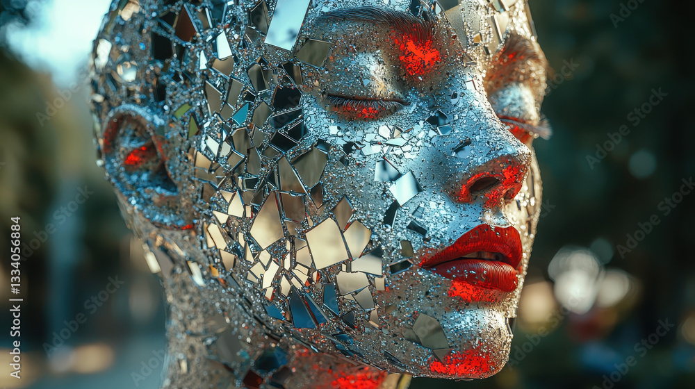 Poster fragmented reflections of obsessive thoughts captured in a surreal figure crafted from mirrors
