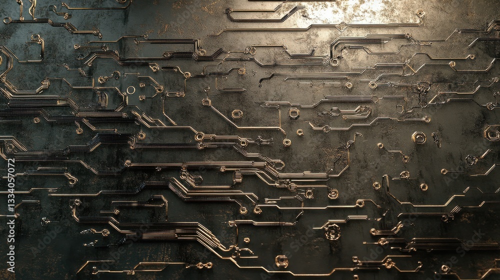 Aufkleber intricate circuit patterns on a gritty metallic surface