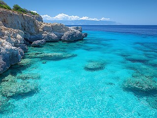Fototapeta premium Turquoise ocean water and rocky cliffs under a blue sky