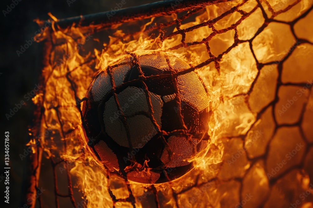 Poster soccer ball ablaze behind a net, caution and danger implied