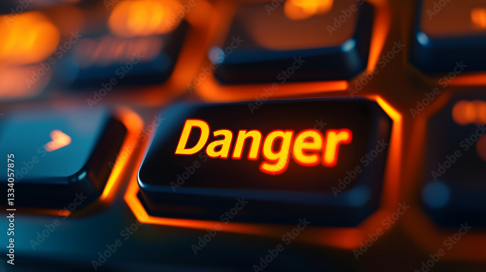 Poster illuminated danger key on glowing keyboard cybersecurity warning