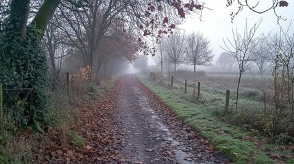 Fototapeta premium Misty Autumn Path: A Serene Countryside Walk