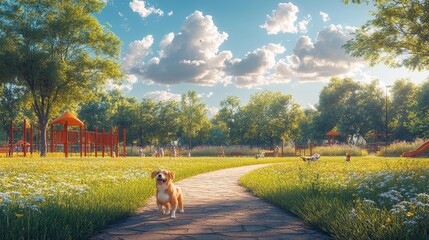 Golden Retriever Joyfully Running in a Sunny Park. Generative AI