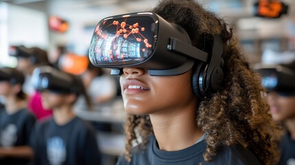 Immersive Learning Experience, Young Woman Exploring Virtual Reality in Classroom Setting