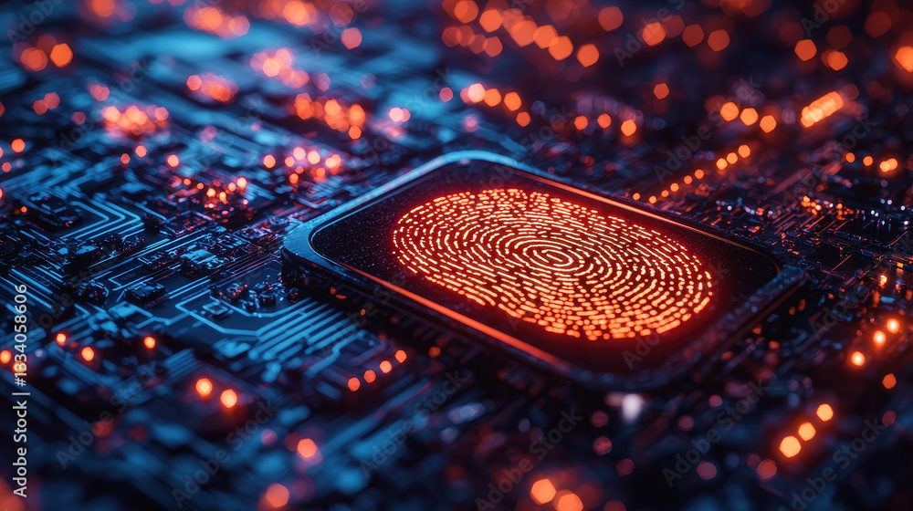 Poster glowing fingerprint scanner activates data vault in advanced technology display