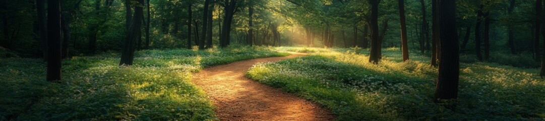 Obraz premium Sunlit Path Through a Lush Green Forest. Generative AI