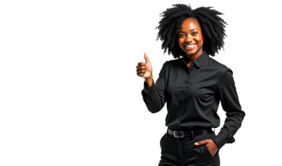 Smiling businesswoman gives thumbs-up isolated on transparent background. Confident African American professional in studio. Use for corporate, marketing, and positive messaging.