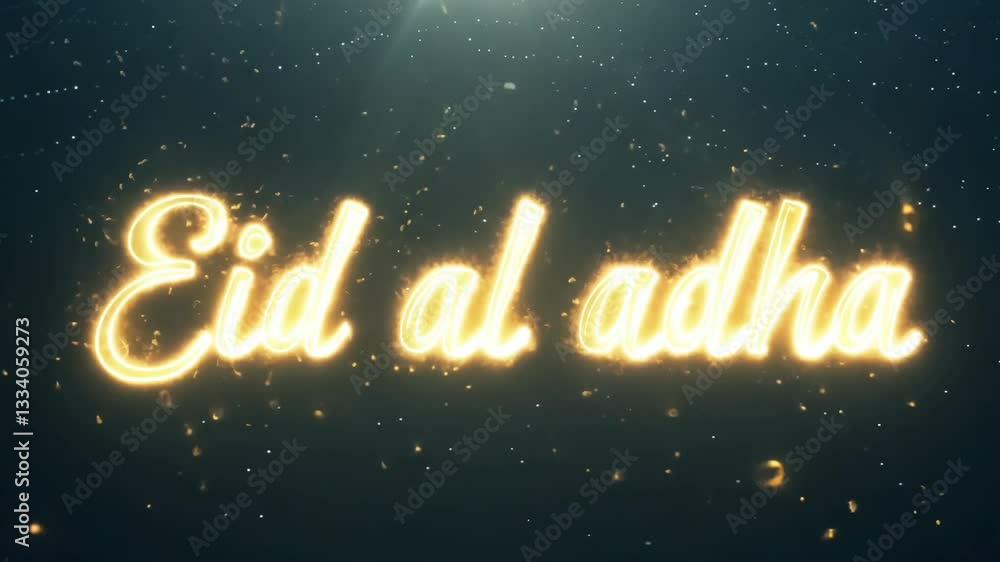 Poster the word eid al-adha is written in gold letters on a black background. the letters are illuminated a