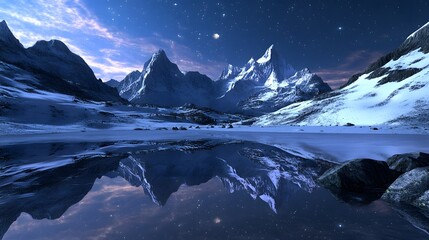 A glassy mountain lake reflecting the aurora borealis, surrounded by snow-covered peaks