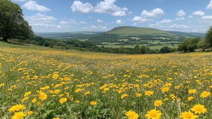 Fototapeta premium Yellow Wildflowers Meadow Landscape Under Blue Sky
