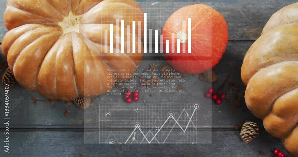 Poster pumpkins and berries on wooden table with data processing animation overlay