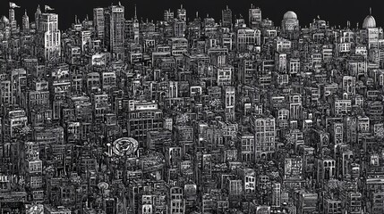 Detailed monochrome illustration of a densely packed cityscape with varied buildings