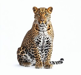 Obraz premium Realistic illustration of a majestic leopard with striking spots and vivid green eyes seated gracefully on a plain white background, showcasing its elegance
