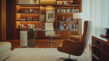 A luxurious office space with built in wooden shelves