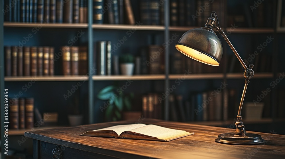 Poster an open book and a lamp in a library setting