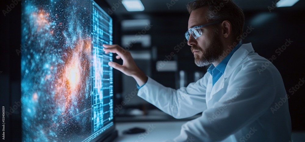 Aufkleber scientist analyzing galaxy data on high-tech screen in laboratory