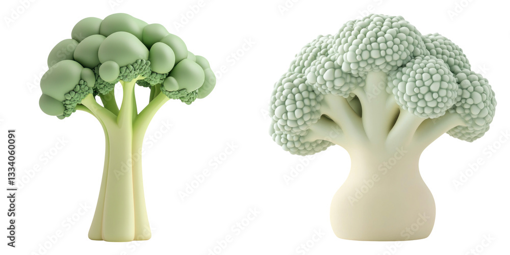Poster two stylized broccoli elements in minimal design, showcasing unique textures