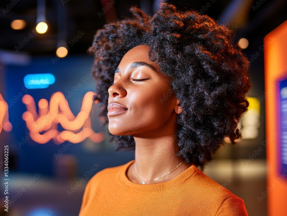 Poster portrait of a woman with eyes closed in a dynamic neon environment with abstract energy lines creati
