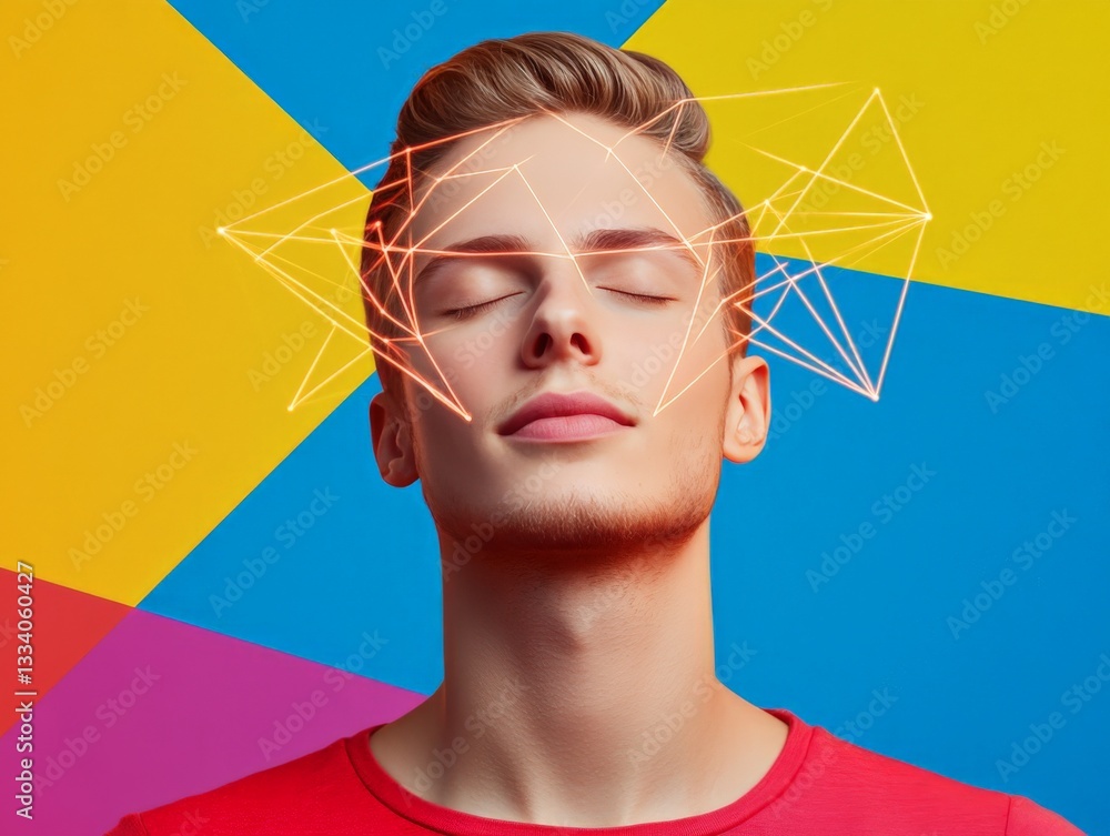 Aufkleber man with closed eyes surrounded by abstract neon shapes, creating an innovative aura of thought and 