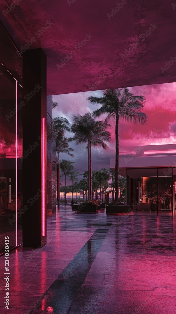 Poster A modern building facade with a single palm tree in the background, suitable for use in architectural or design contexts