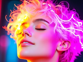 Woman surrounded by glowing colorful shapes and neural connections creating a mesmerizing futuristic aura that symbolizes emotional connection and mental energy