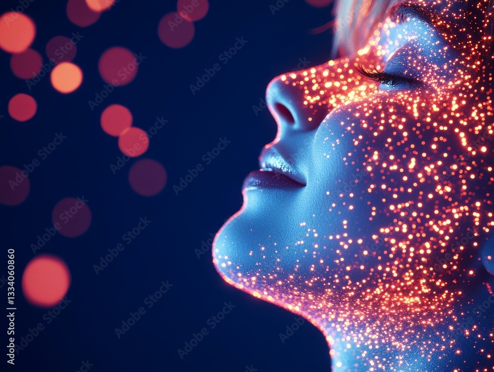 Poster smiling young girl surrounded by glowing light patterns representing the intersection between human 