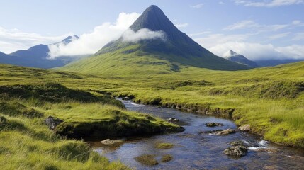Serene Scottish Highlands: Majestic Mountains and Tranquil Stream