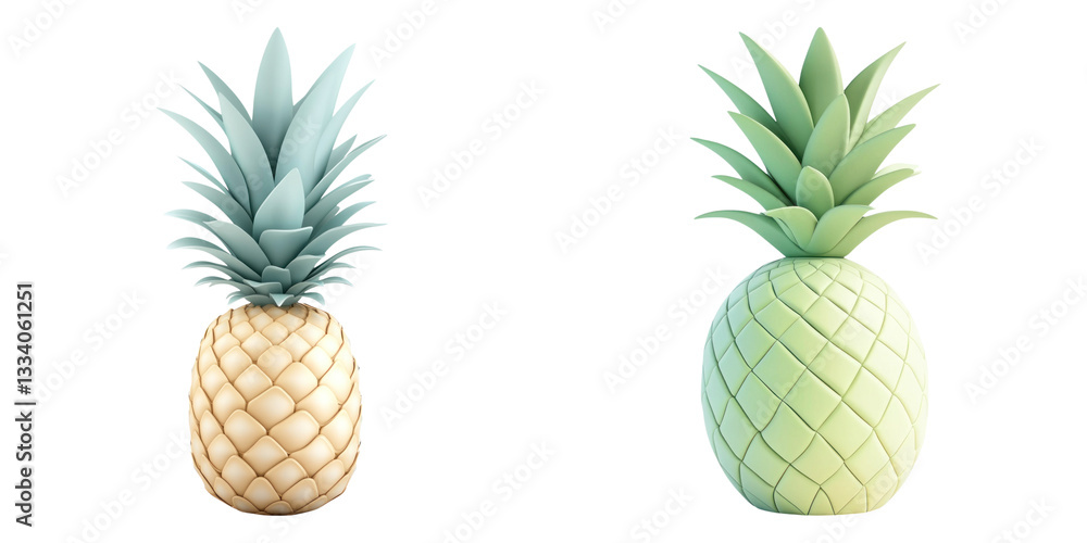 Poster two stylized pineapples with unique textures and colors on transparency background