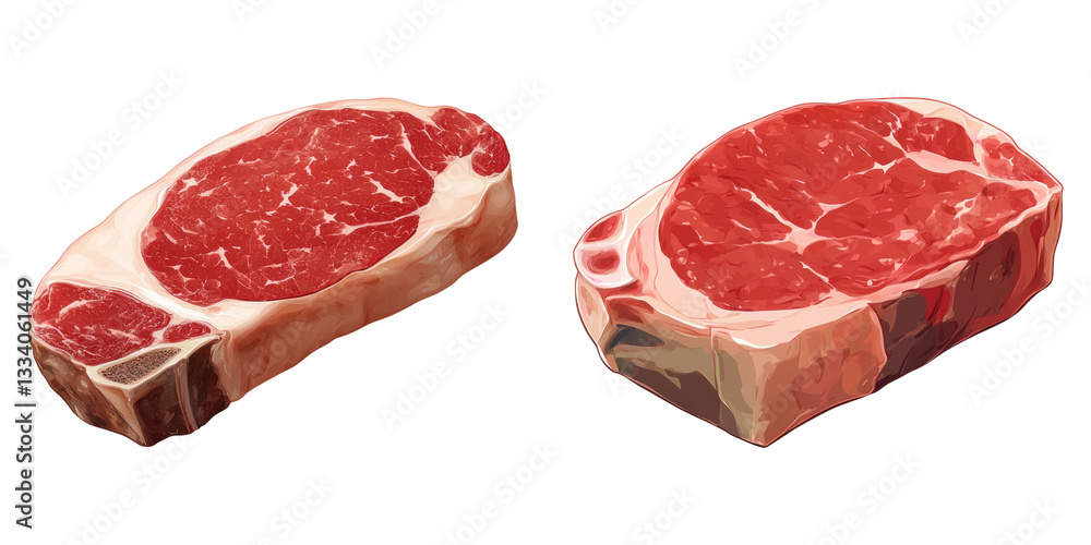 Poster two raw steaks with marbled texture on transparency background