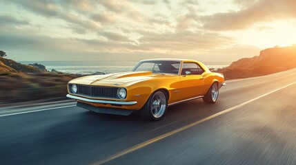 Classic Yellow Car on Coastal Road at Sunset