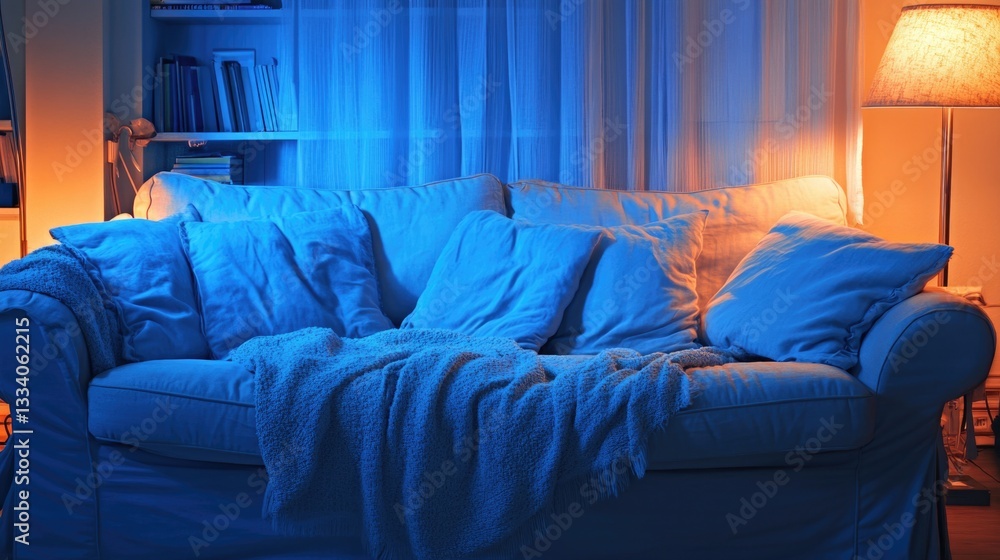 Poster a warm and inviting living room with a comfortable couch and table lamp