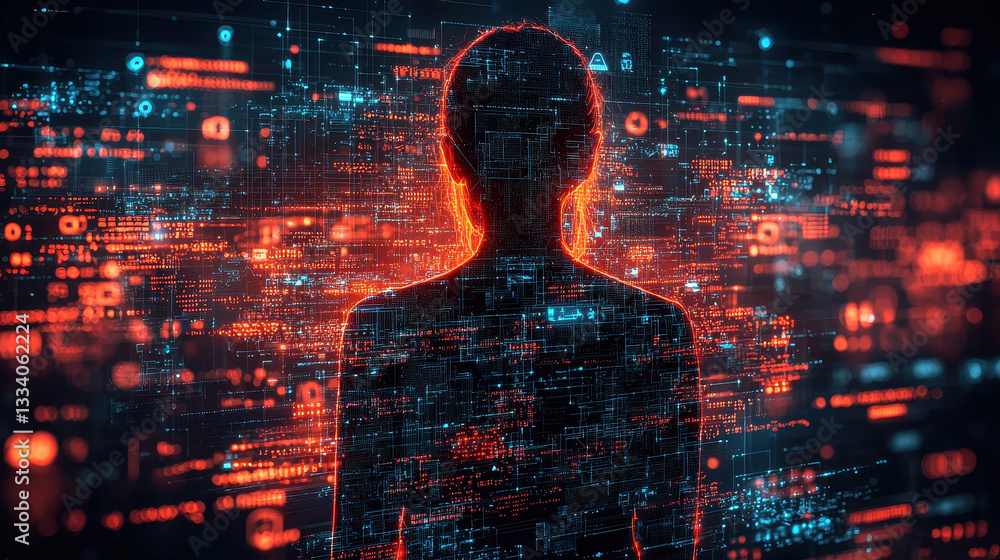 Poster silhouette of a person faces glowing cyber threats in a digital environment with data streams