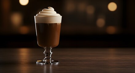 Delicious creamy coffee drink in elegant glass on dark wood table bar hot cafe foam food rich life