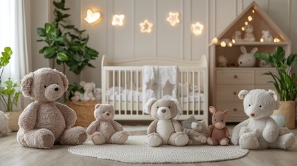 Teddy bears in cozy nursery, soft lighting, plants