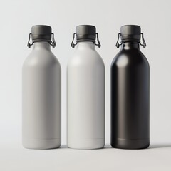 Three blank metal water bottles on white background (1)