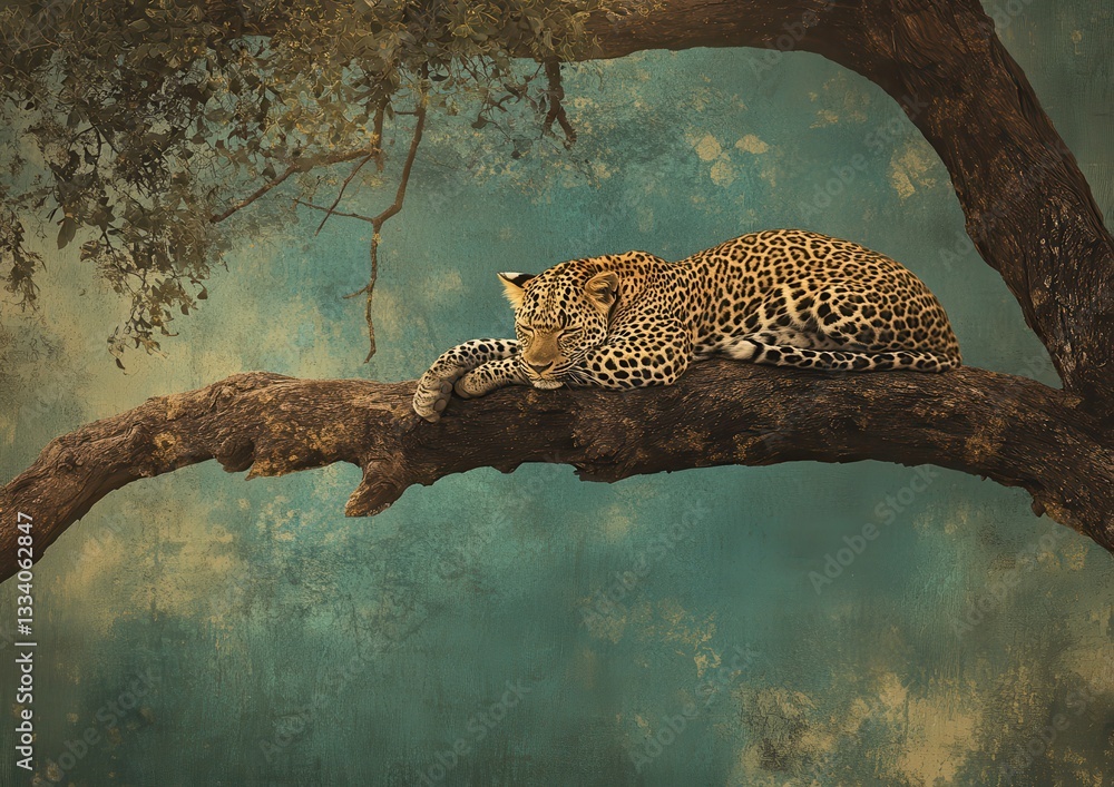 Poster relaxed leopard resting on a branch surrounded by nature with textured background and soft colors ev