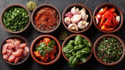 Assorted cooking ingredients in small bowls on dark background, ready for meal preparation