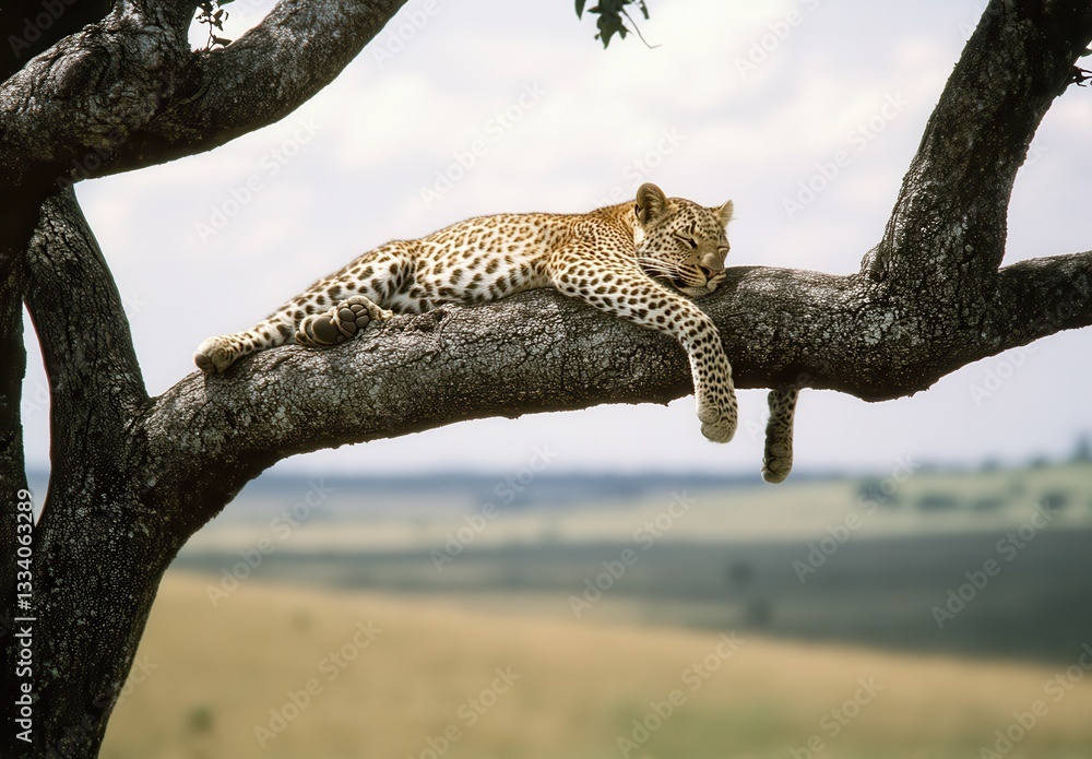 Poster relaxed leopard resting on tree branch overlooking scenic african landscape with soft clouds and gre