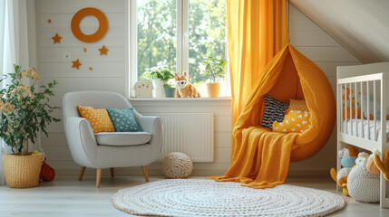 Modern nursery featuring bright decor with playful wall decals and cozy furniture