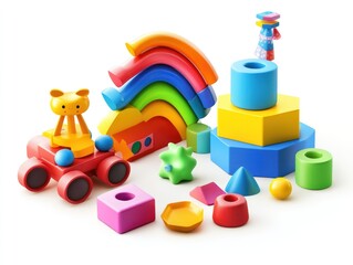 Colorful children's play set with various shapes and toys.  Vibrant blocks, a rainbow, a vehicle and animal figure, along with other geometric shapes for imaginative play