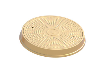 Golden manhole with cover isolated on white background. 3d render