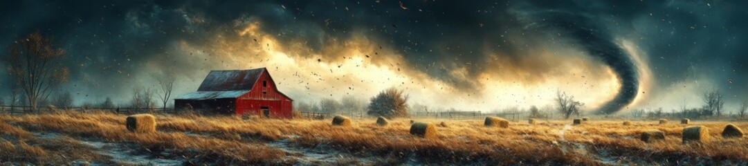 A dramatic scene of a tornado twisting over a rural farm with a red barn. Generative AI
