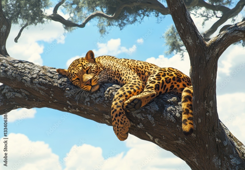 Poster relaxing leopard resting on a large tree branch under a sunny sky with fluffy clouds in the backgrou