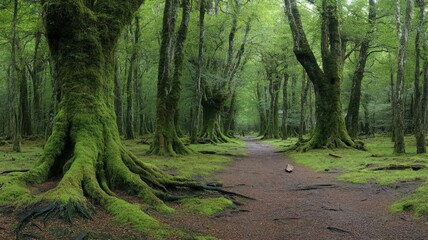 Fototapeta premium Lush Green Forest Path With Mossy Trees