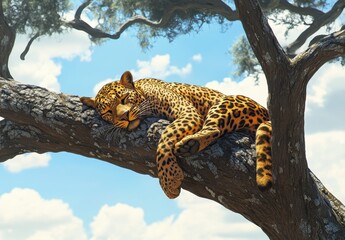 Relaxing leopard resting on a large tree branch under a sunny sky with fluffy clouds in the background, showcasing its beautiful spotted fur and majestic presence